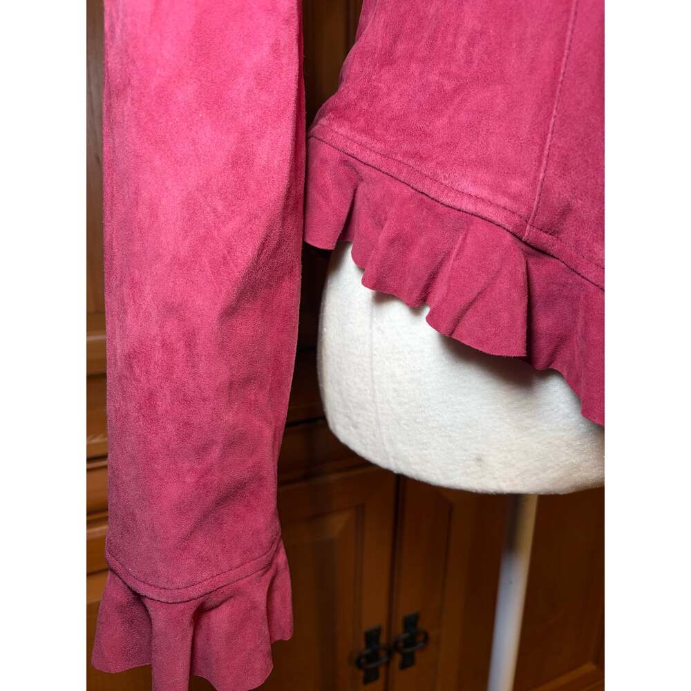 Caché Raspberry Pink Genuine Suede Ruffle Trim Fitted Jacket S - Picture 4 of 8
